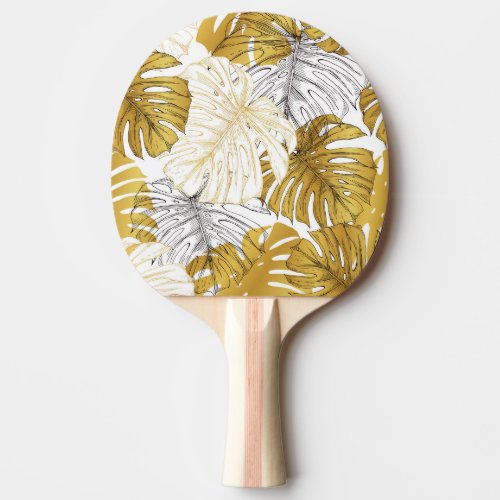 Monstera Leaves Golden White Ping Pong Paddle