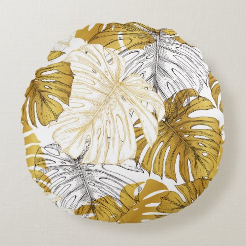 Monstera Leaves Golden White Round Pillow