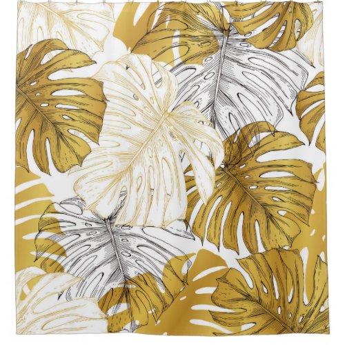 Monstera Leaves Golden White Shower Curtain