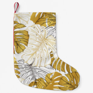 Monstera Leaves: Golden White Small Christmas Stocking