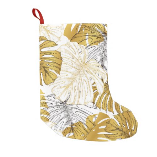 Monstera Leaves Golden White Small Christmas Stocking
