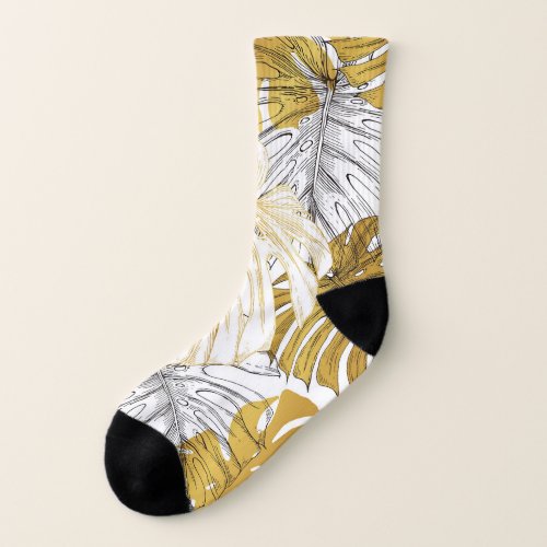 Monstera Leaves Golden White Socks