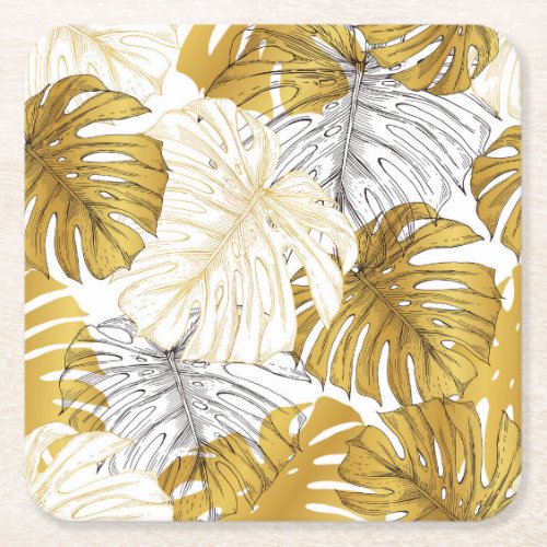 Monstera Leaves Golden White Square Paper Coaster