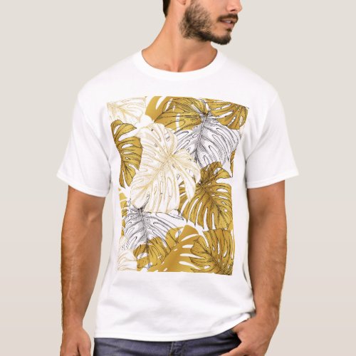 Monstera Leaves Golden White T_Shirt