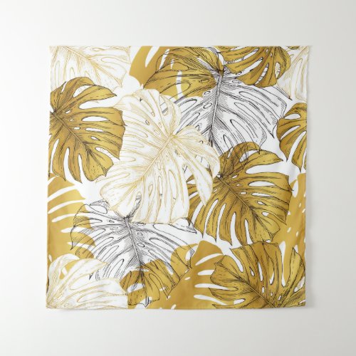 Monstera Leaves Golden White Tapestry