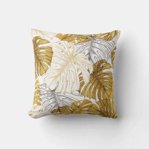 Monstera Leaves Golden White Throw Pillow