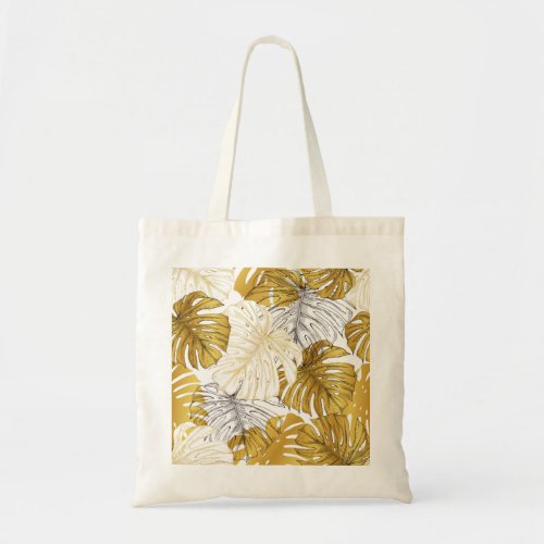 Monstera Leaves Golden White Tote Bag