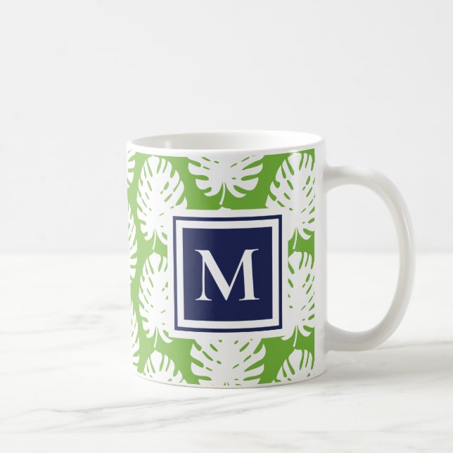 Monstera Leaves Green Navy Modern Monogram Coastal Coffee Mug (Right)