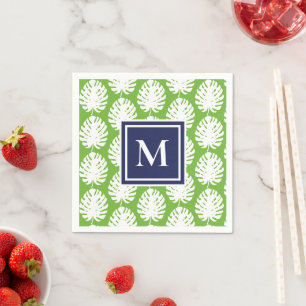 Monstera Leaves Green Navy Modern Monogram Coastal Napkins