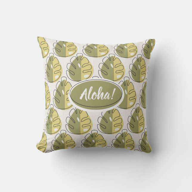 Monstera Leaves - Green Outdoor Pillow (Front)