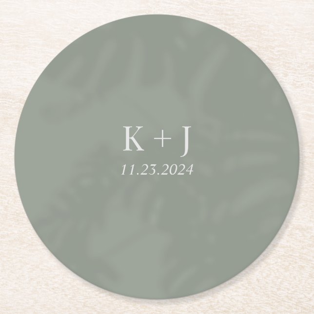 Monstera Leaves Green Wedding Round Paper Coaster (Front)