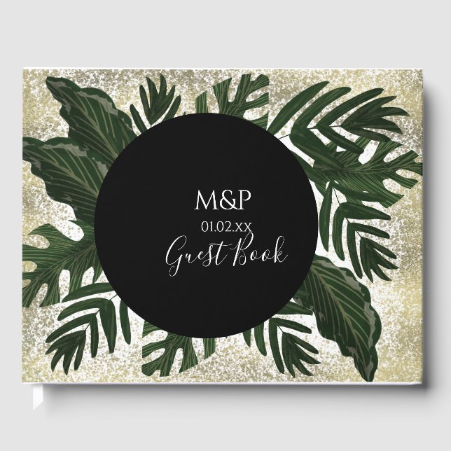 Monstera Leaves Handdrawn Greenery Wedding Guest Book (Front)