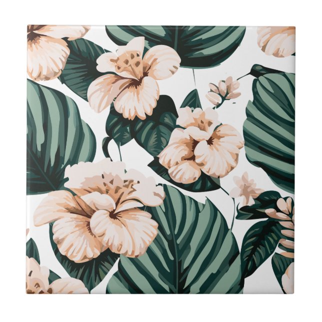 Monstera leaves hibiscus ceramic tile (Front)