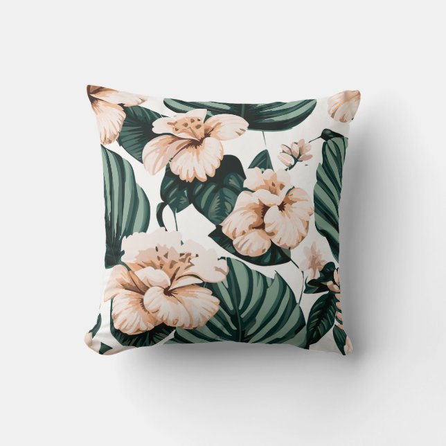 Monstera leaves hibiscus throw pillow (Front)