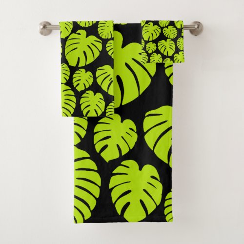 Monstera leaves in Lime Green and black Bath Towel Set
