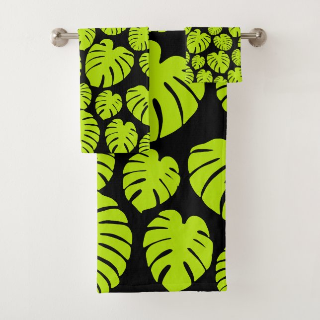 Monstera leaves in Lime Green and black Bath Towel Set (Insitu)