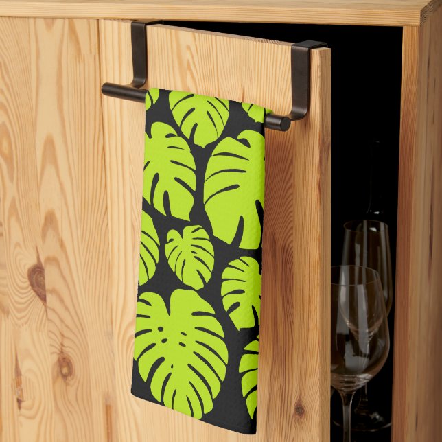 Monstera leaves in Lime Green and black Kitchen Towel (Thirds Fold)