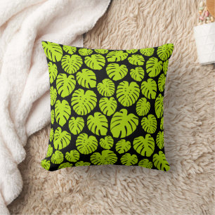 Monstera leaves in Lime Green and black Throw Pillow