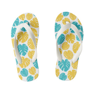 Monstera Leaves in Turquoise, Yellow, and White Kid's Flip Flops