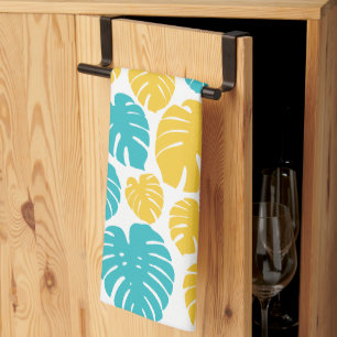 Monstera Leaves in Turquoise, Yellow, and White Kitchen Towel
