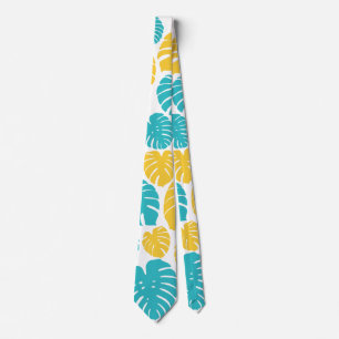 Monstera Leaves in Turquoise, Yellow, and White Neck Tie