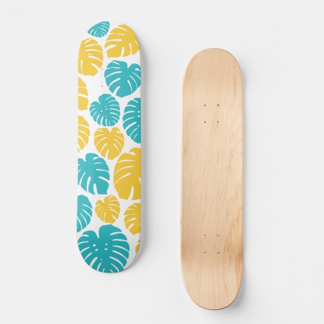 Monstera Leaves in Turquoise, Yellow, and White Skateboard (Front)