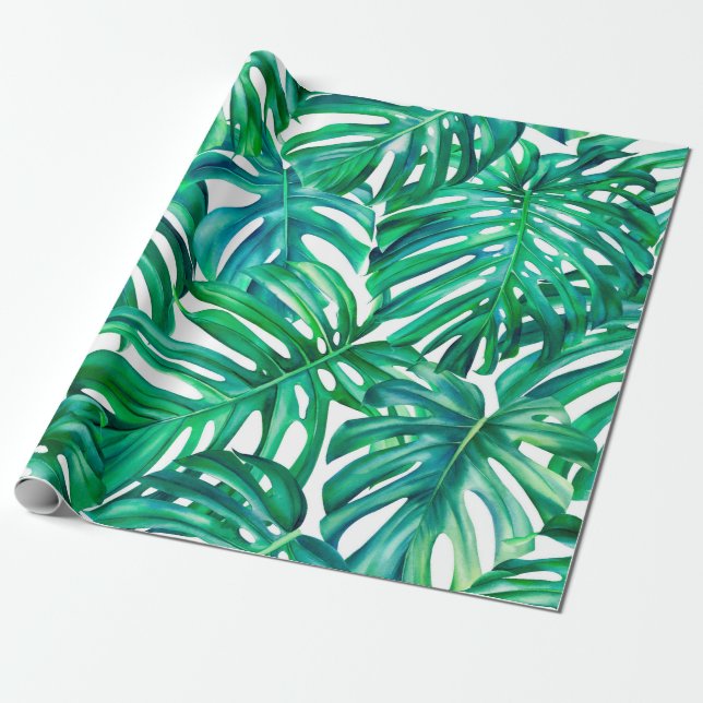 Monstera leaves on isolated background, watercolor wrapping paper (Unrolled)