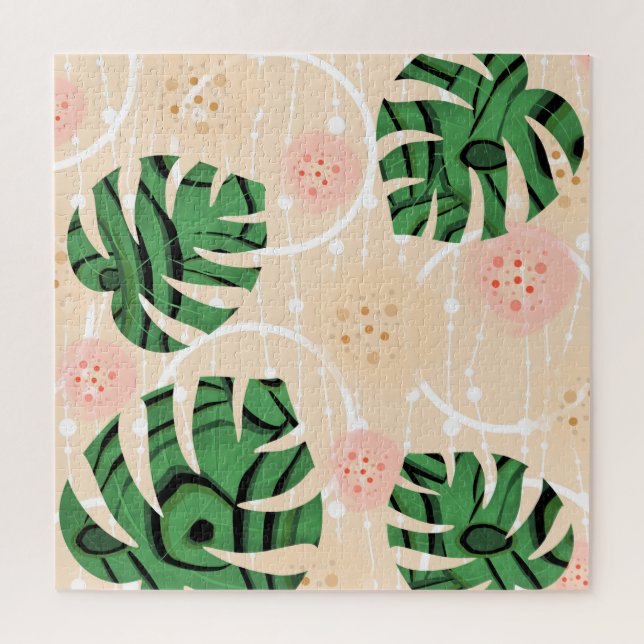 Monstera leaves on pink.  jigsaw puzzle (Vertical)