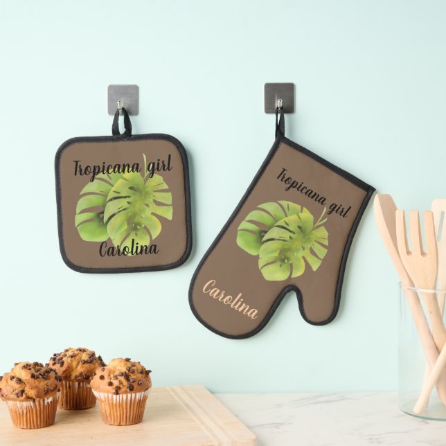 Monstera leaves oven mitt & pot holder set (Insitu(Hanging))