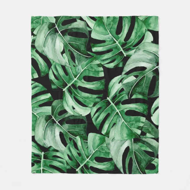 Monstera leaves pattern fleece blanket (Front)