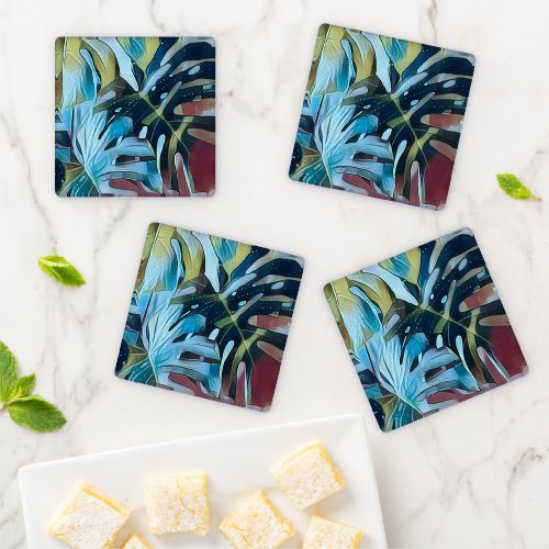 Monstera Leaves Pattern in Moody Blue and Green Coaster Set