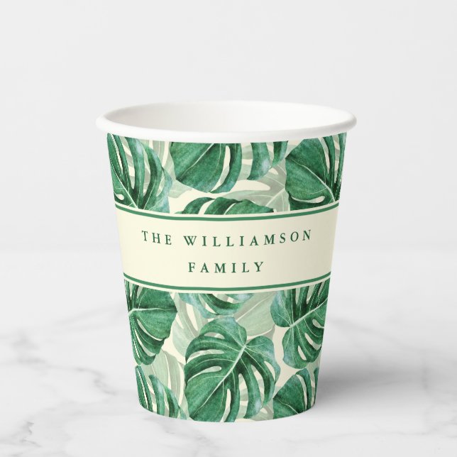 Monstera Leaves Pattern Summer Party Monogrammed Paper Cups (Front)