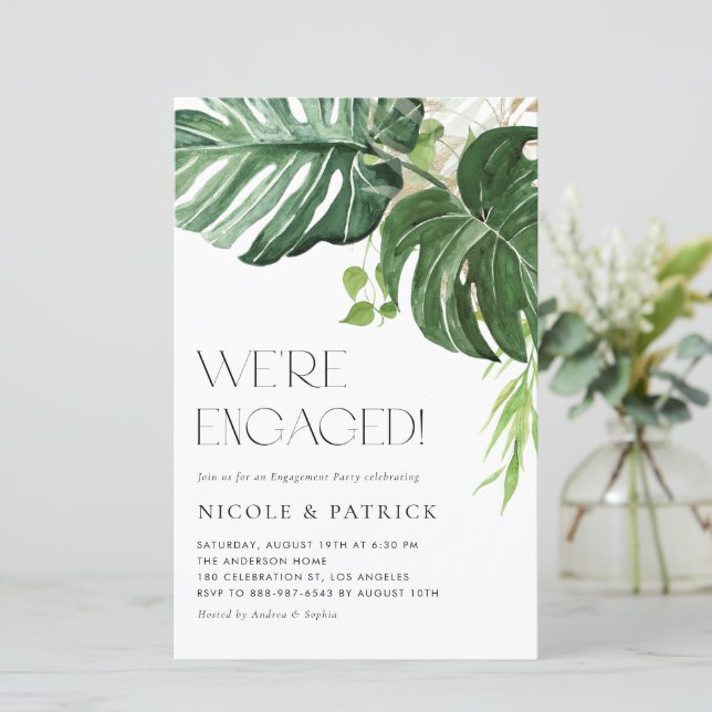 Monstera Leaves Summer Engagement Party Invitation (Standing Front)