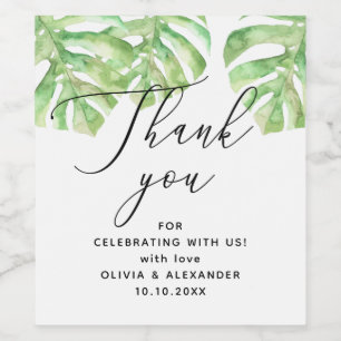 Monstera leaves. Summer tropical wedding thank you Wine Label