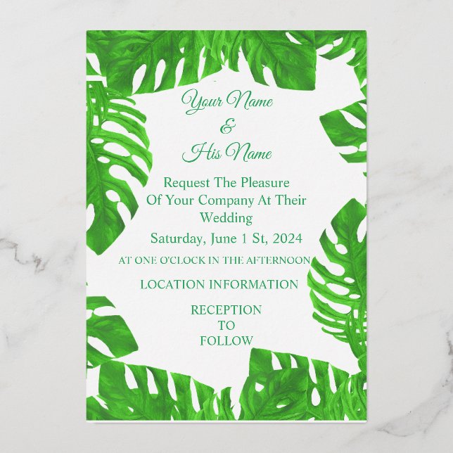 Monstera Leaves Thunder_Cove Foil Invitation (Front)