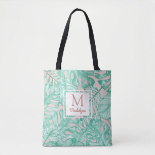 Monstera Leaves Tropical Palm Personalized Blush Tote Bag