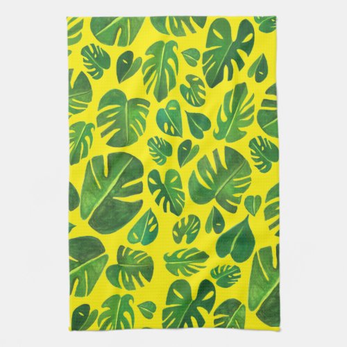 Monstera Leaves tropical plants green gouache Kitchen Towel
