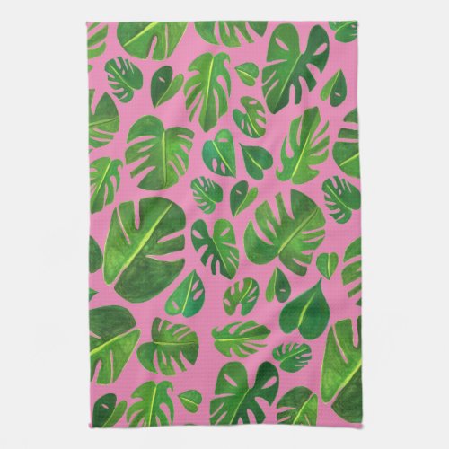 Monstera Leaves tropical plants green gouache Kitchen Towel