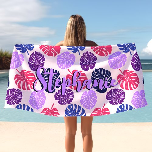 Monstera Leaves Tropical Purple Pink Script Name Beach Towel