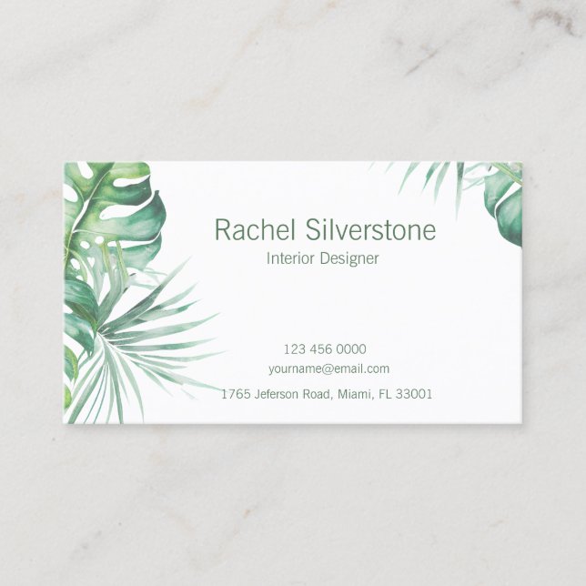 Monstera Leaves Tropical Return Address Business Card (Front)