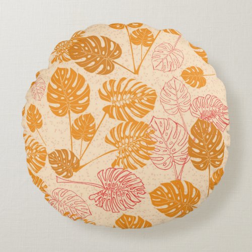 Monstera leaves tropical silhouette seamless round pillow
