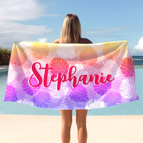 Monstera Leaves Tropical Sunset Hot Pink Name Beach Towel