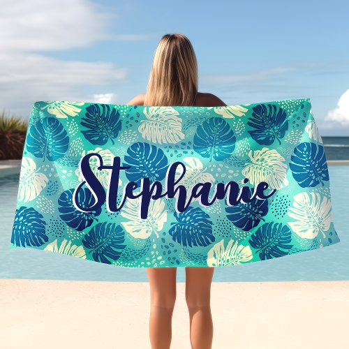 Monstera Leaves Tropical Watercolor Navy Blue Name Beach Towel