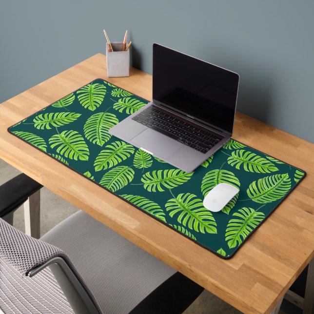 Monstera leaves, tropical watercolor pattern desk mat (Office 2)