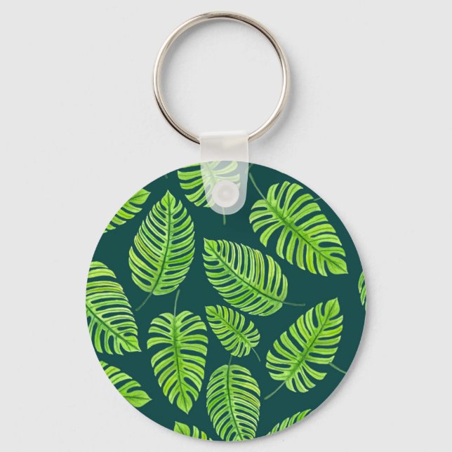 Monstera leaves, tropical watercolor pattern keychain (Front)