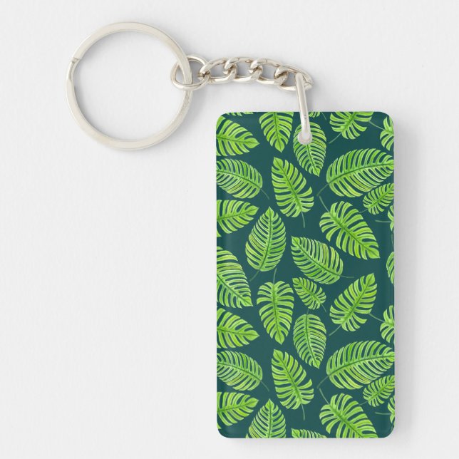 Monstera leaves, tropical watercolor pattern keychain (Front)