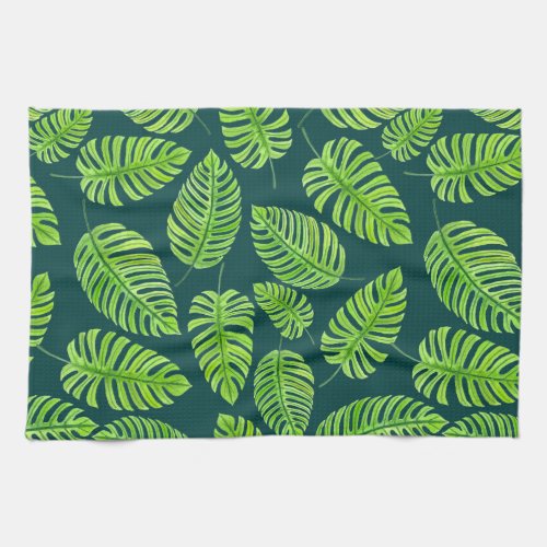 Monstera leaves tropical watercolor pattern kitchen towel