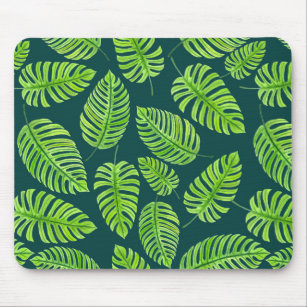 Monstera leaves, tropical watercolor pattern mouse pad