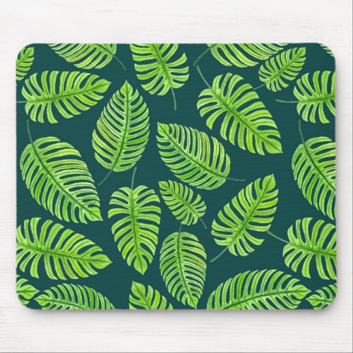 Monstera leaves tropical watercolor pattern mouse pad
