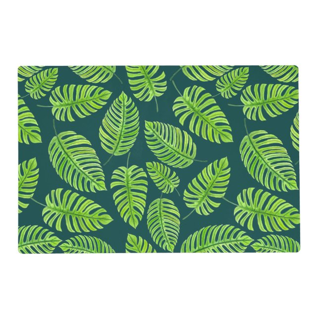 Monstera leaves, tropical watercolor pattern placemat (Front)